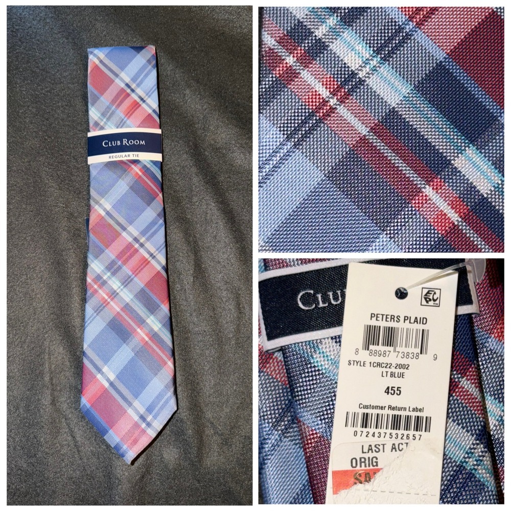 Club Room Mens Peters Plaid Regular Tie Light Blue Red Navy 1CRC22-2002 NWT